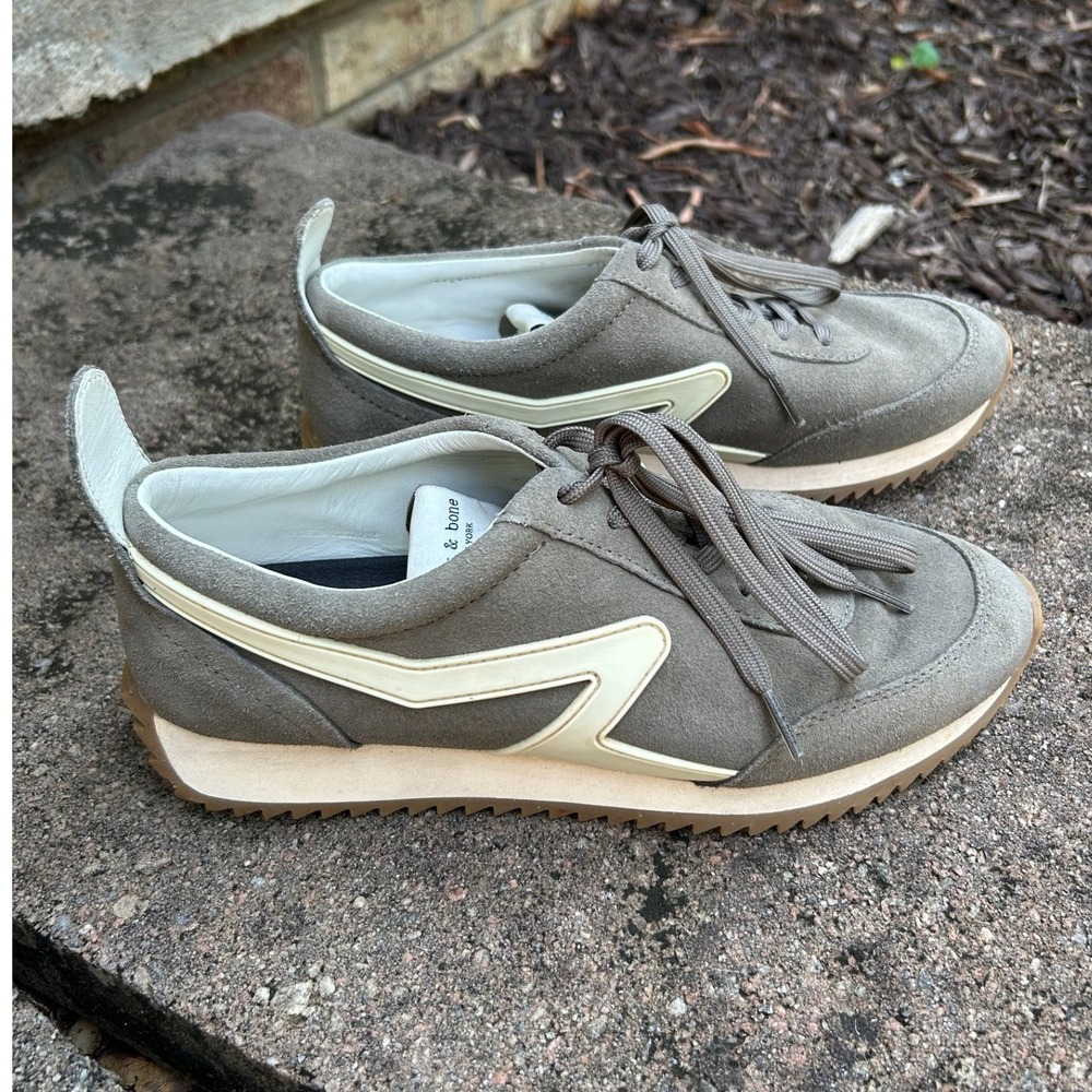 Rag & Bone Retro Runner Suede Sneakers Grey Cream Low Top Lace Up Quiet Luxury - Picture 1 of 16